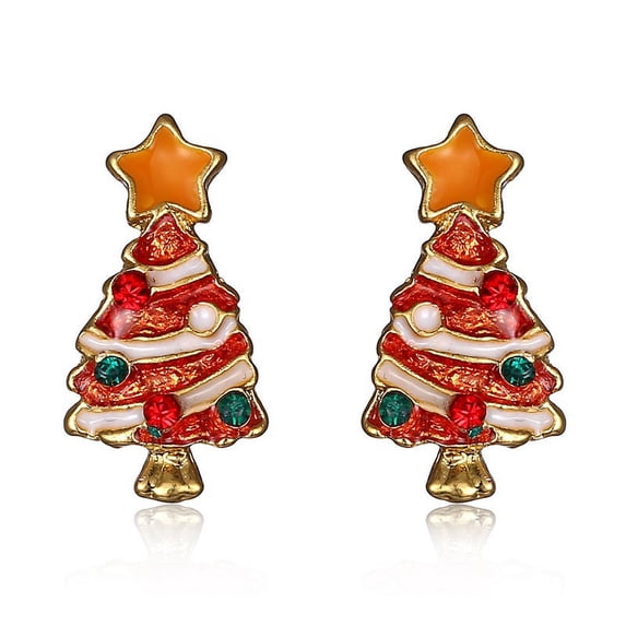 Christmas Gold Tone Red Holiday Tree Earrings