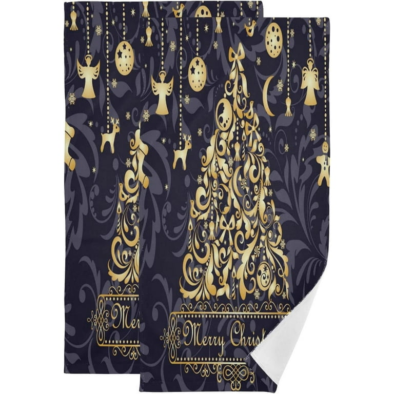 Christmas Gold Xmas Tree Hand Towels 2 Pcs, Black Background Kitchen Towel Ultra Soft and Highly Absorbent,Decorative Fingertip Face Towel for