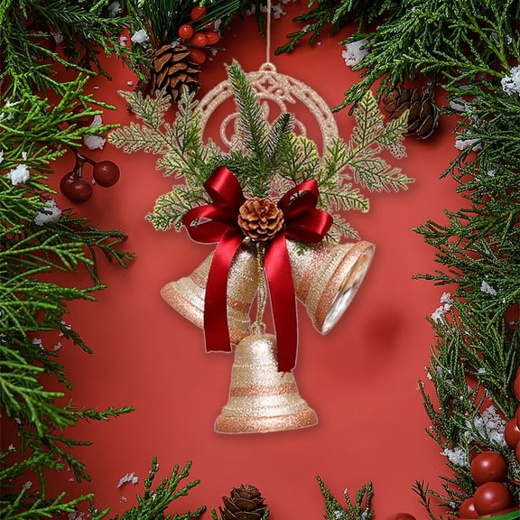 Christmas Golden Bell Hanging Decorations - Glitter Bells with Pinecones & Ribbon for Hotel Lobby, Front Desk, Display Window, Glass Door, Wall & Ceiling