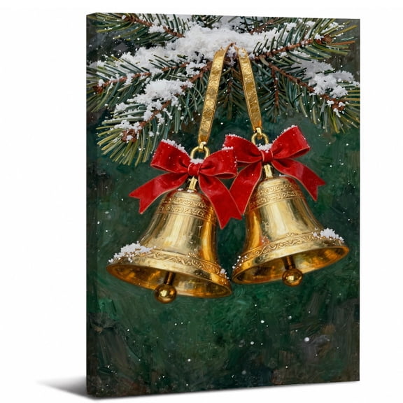 Christmas Golden Bells Canvas Wall Art Framed Bathroom,Red Bow Hanging on Snowy Pine Branch canvas print for bathroom bedroom decor,8x12in
