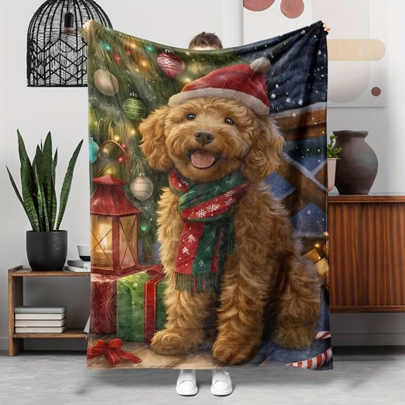 Christmas Golden Dog Print Flannel Throw Blanket, Choose From 30 x 40, 40 x 50, 50 x 60, 60 x 80 Inches, Soft Cozy Blanket for Sofa