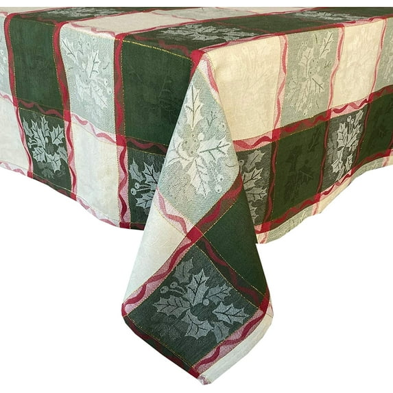 Christmas Golden Mistletoe and Ribbon Cotton Jacquard 52 x 52 inch Square Fabric Dining Tablecloth