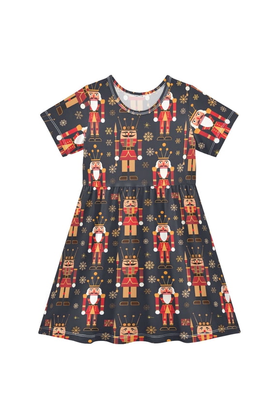 Christmas Golden Nutcracker Short Sleeve Dress A-Line Cute Midi Casual Sundress 2-8 Years