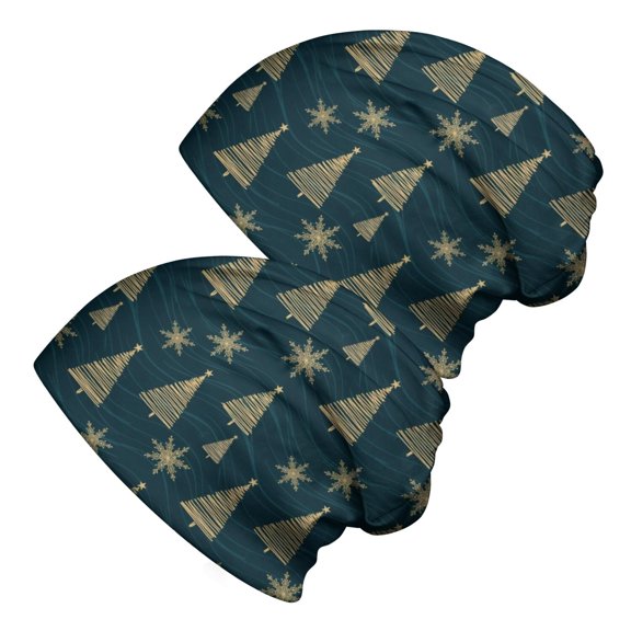 Christmas Golden Pine Tree Pattern 2 Pack Slouchy Beanie Hat, Outdoor Running Hat with Stretchy Fabric & Soft Texture, Lightweight Flexible Gifts for Unisex Men Women