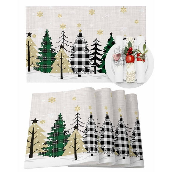 Christmas Golden Placemats Set of 2 Snowflake Xmas Tree Heat Insulation Washable Place Mats, Rustic Non-Slip Table Mats for Dining Table Party Kitchen Decor,13x19 Inch