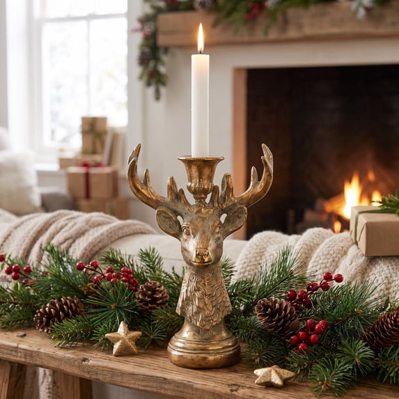 Christmas Golden Reindeer Head Taper Candle Holder, Decorative Reindeer Candlestick, Christmas Tabletop Centerpiece, for Farmhouse, Holiday, Mantel Decor