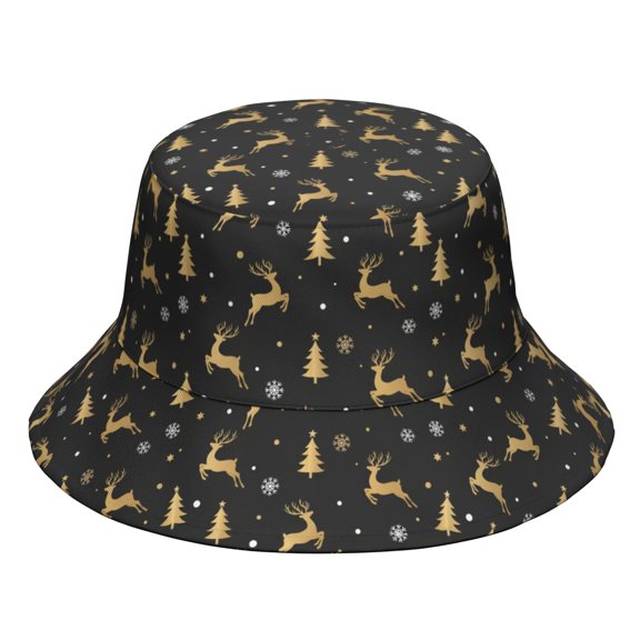 Christmas Golden Reindeer Pine Tree Bucket Hat, Travel Foldable Hat with Wide Brim & Breathable Fabric, UV Sun Protection Gifts for Unisex Men Women