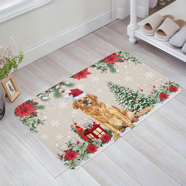 Christmas Golden Retriever Flower Snowflake Rustic Style Indoor Doormat