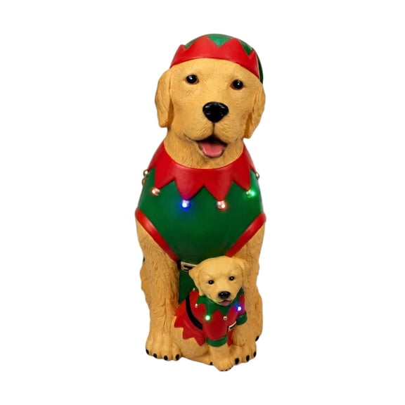 Christmas Golden Retriever Statue with LED Lights, Mother and Puppy Dog Figurine in Elf Costume, Resin Holiday Tabletop Decor