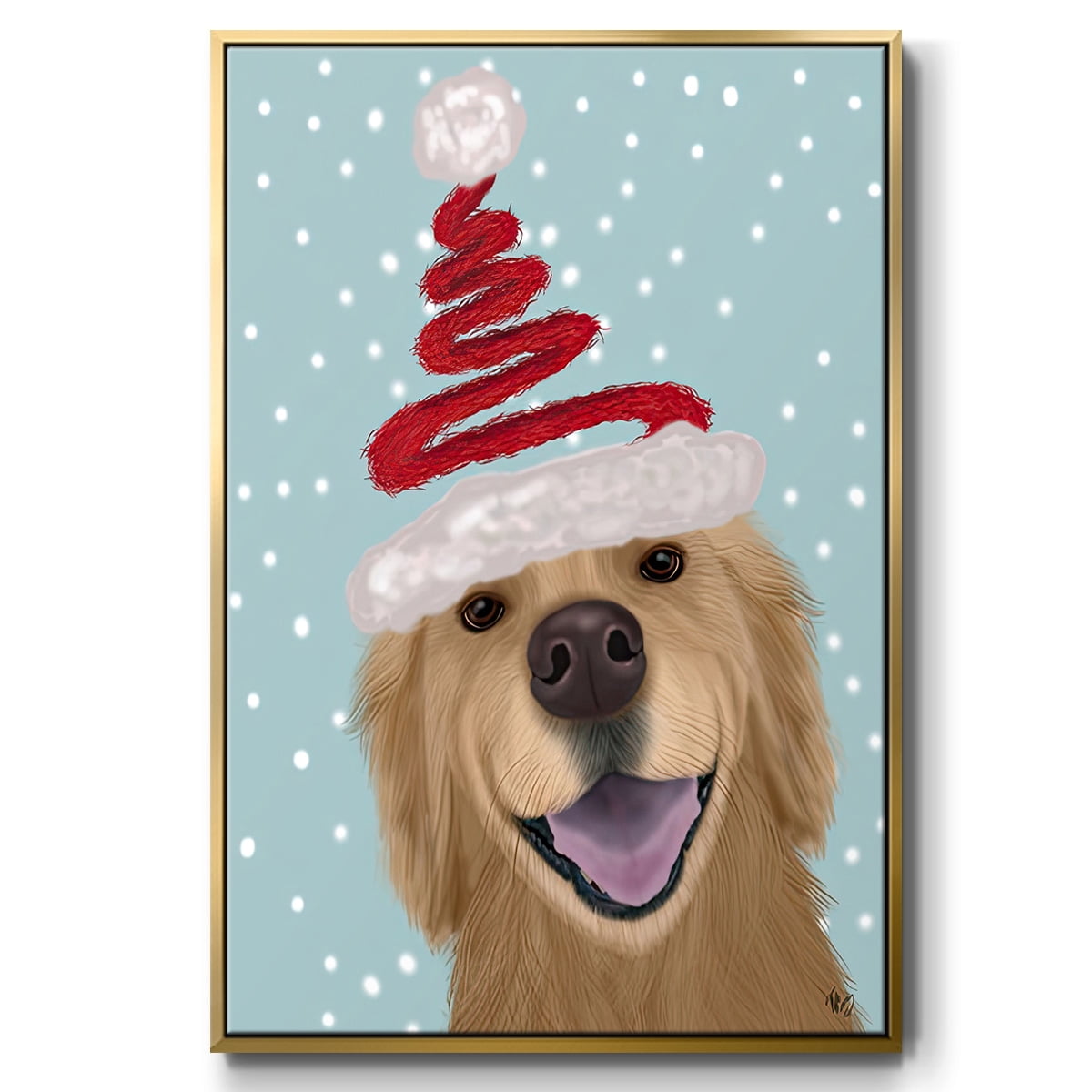 Christmas Golden Retriever and Spring Santa Hat - Framed Gallery Wrapped Holiday Canvas - 27 x 41 - Gold Frame