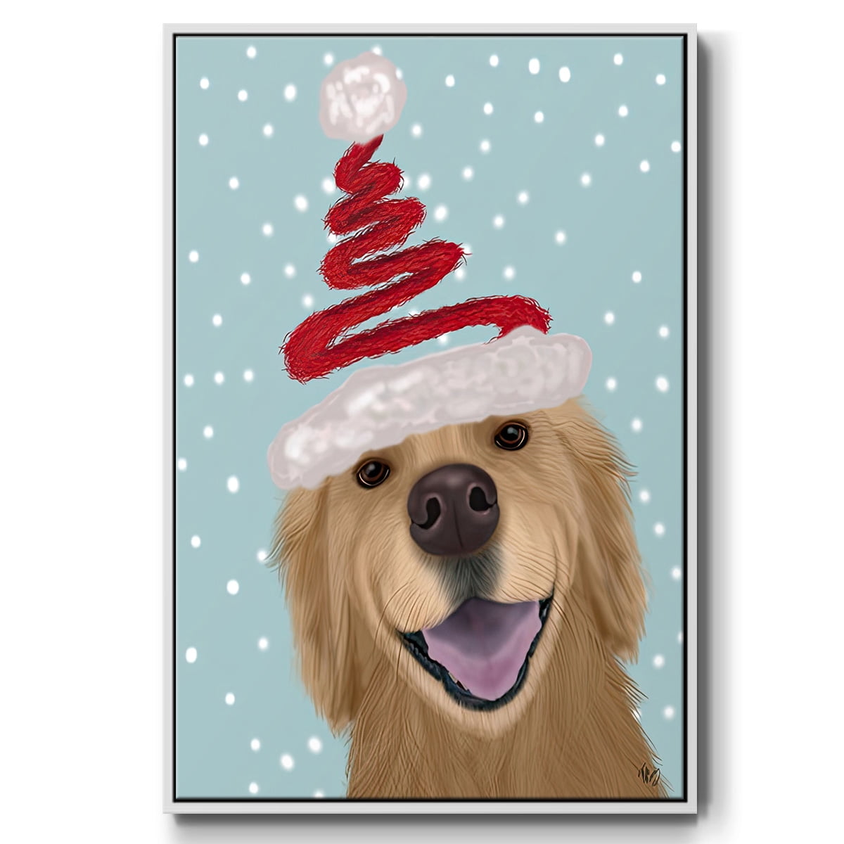 Christmas Golden Retriever and Spring Santa Hat - Framed Gallery Wrapped Holiday Canvas - 27 x 41 - White Frame