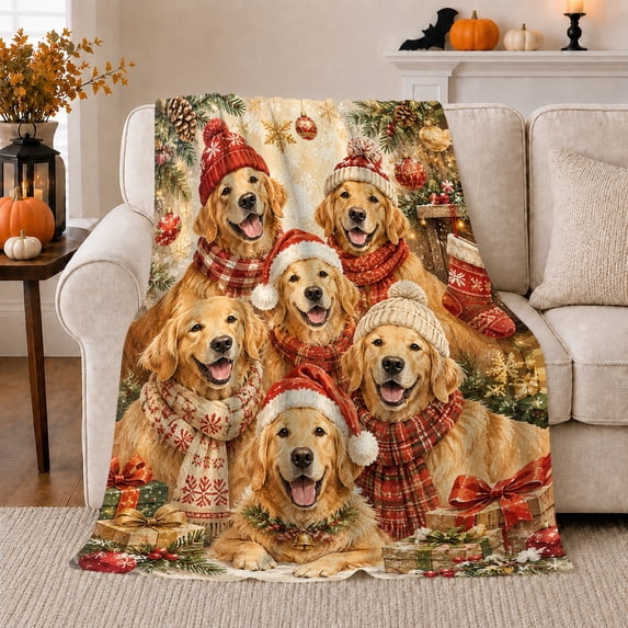 Christmas Golden Retrievers with Knit Scarves, Festive Holiday Style for Dog Lovers, Pine Present Scene and Christmas Gift, Cozy Flannel Blanket for Family Room and Bedroom, Pet Home Decor