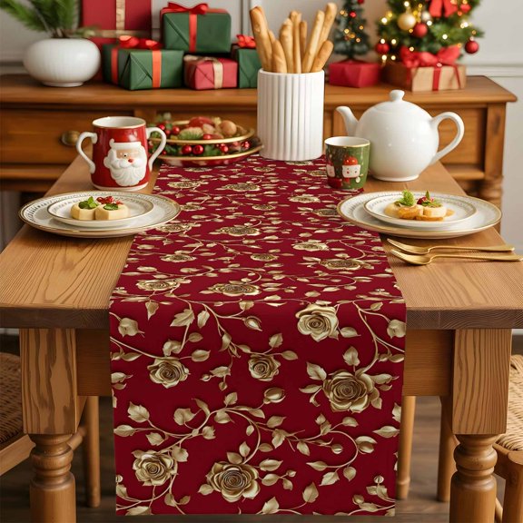 Christmas Golden Rose Swirling Flower Table Runner 13x90in Non-Slip Cotton Linen Table Runners, Valentine's Day Floral Dresser Scarves TableRunner for Dinner Kitchen Dining Wedding Party