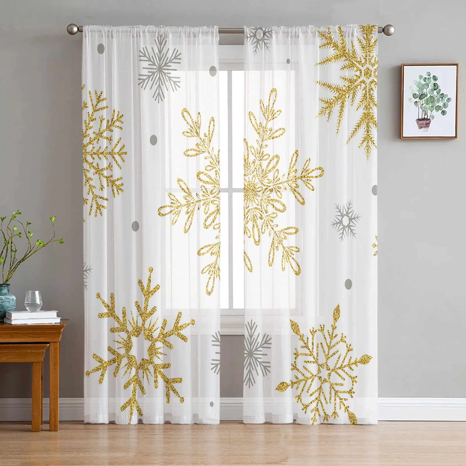 Christmas Golden Snowflake Texture Sheer Voile Curtain for Living Room