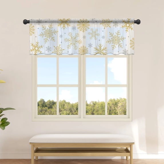 Christmas Golden Snowflake Texture Short Curtains for Kitchen Cafe Voile Half-Curtain for Bedroom Doorway