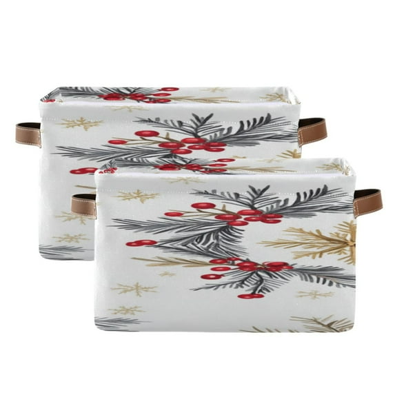 Christmas Golden Snowflakes Pine Wreaths Square Storage Bins with Handles Collapsible Containing Box 2 Packs