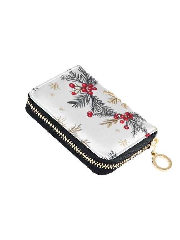 Christmas Golden Snowflakes Pine Wreaths Women's Credit Card Holder PU Leather Zipper Wallet RFID Blocking