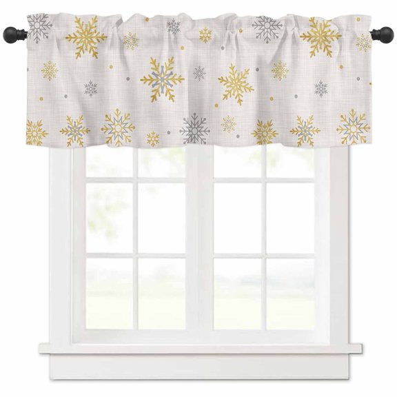 Christmas Golden Valances for Windows, Snowflakes Light Filtering Window Treatment Valances, Rod Pocket Small Curtains for Kitchen/Bathroom, 56"x16"