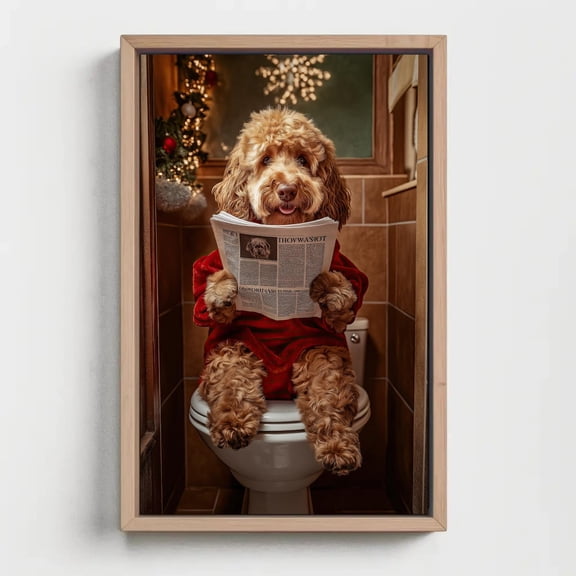 Christmas Goldendoodle Reading Newspaper Wall Art Print, Whimsical Bathroom Holiday Decor