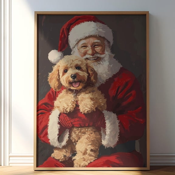 Christmas , Goldendoodle Xmas Art, Santa Claus Drawing, Christmas Dog Decor, Santa And Dog Print, Vintage Dog Art, Christmas Poster- Wall Art Print, 8x12 UNFRAMED