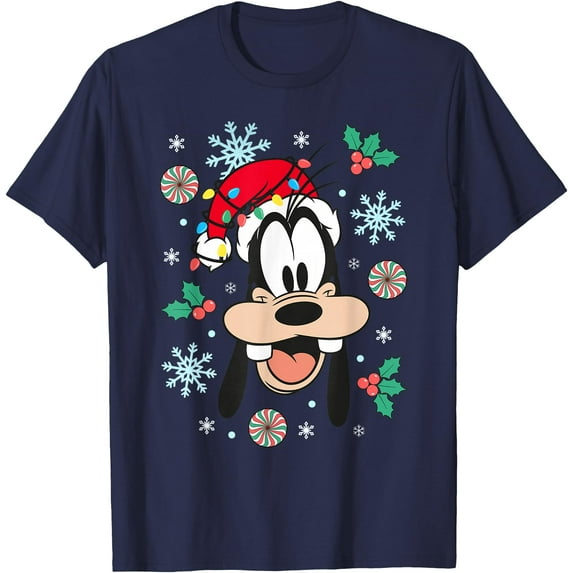Christmas Goofy Big Face Holiday DTG Print Unisex T-Shirt,Navy Color,Size YL