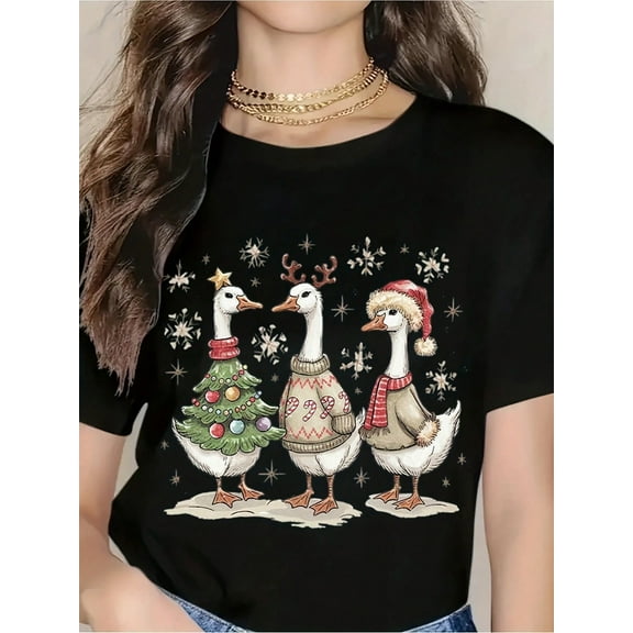Christmas Goose Family T-Shirt Women's Festive Holiday Graphic Tee With Santa Hat Reindeer Antlers And Christmas Tree Design For Winter Celebration And Xmas Party Wear