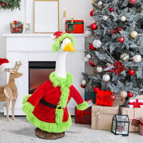 Christmas Goose Outfit for 23 Inch Lawn Decor, Red Green Santa Claus Costume, Garden Porch Decor for Cement or Plastic Goose, Winter Decor Set Christmas Party Porch Decor Set