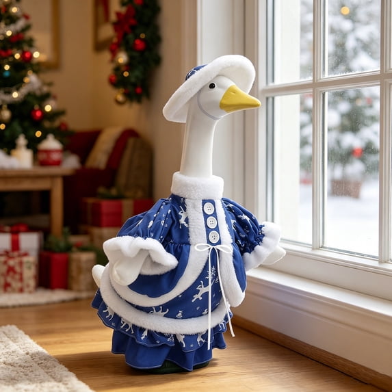 Christmas Goose Outfits Fits 23" Statue Goose - 2Pcs Blue Goose Clothes Dress with White Reindeer Print, Bow & Plush Hat - Holiday Winter Goose Costumes for Outdoor Garden Patio Yard Decor - Akmoler