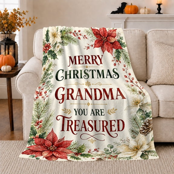 Christmas Grandma You Are Treasured Poinsettia Border, Festive Holiday Scene, Warm Flannel Blanket for Living Room and Reading Nook, Art Lovers Christmas Gift, Festive Home Decor
