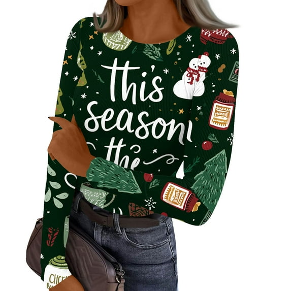 Christmas Graphic Crew Neck Shirt for Women Long Sleeve Tops Stretch Ribbed Knit Fitted T-Shirt Slim Fashion Tee Tops