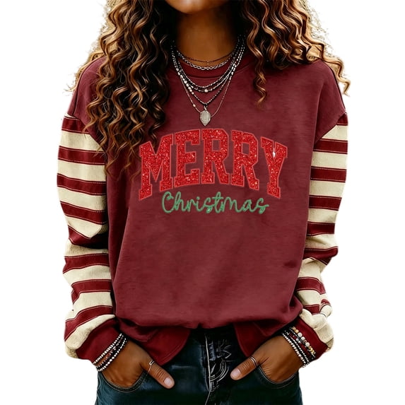 Christmas Graphic Sweatshirts for Women Crew Neck Holiday Merry Christmas Graphic Oversized Sweatshirt Vintage Long Sleeve Striped Pullover Tops Dressy Casual Loose Fit Shirts Wine,S