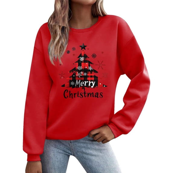 Christmas Graphic Sweatshirts for Women Letter Xmas Tree Printed Pullover Tops Long Sleeve Crewneck Tshirts Holiday Party Fall Winter Going Out No Hood Sweaters