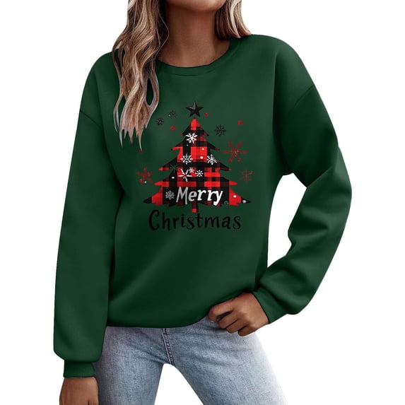 Christmas Graphic Sweatshirts for Women Letter Xmas Tree Printed Pullover Tops Long Sleeve Crewneck Tshirts Holiday Party Fall Winter Going Out No Hood Sweaters