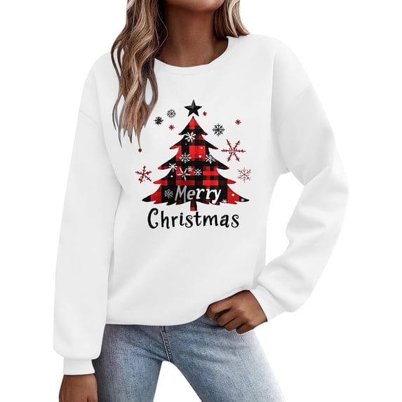 Christmas Graphic Sweatshirts for Women Letter Xmas Tree Printed Pullover Tops Long Sleeve Crewneck Tshirts Holiday Party Fall Winter Going Out No Hood Sweaters
