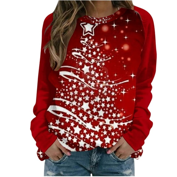 Christmas Graphic Sweatshirts for Women Trendy Blouses Long Sleeve Printed Crewneck Pullover Holiday Tops Loose (Large, Red 06)