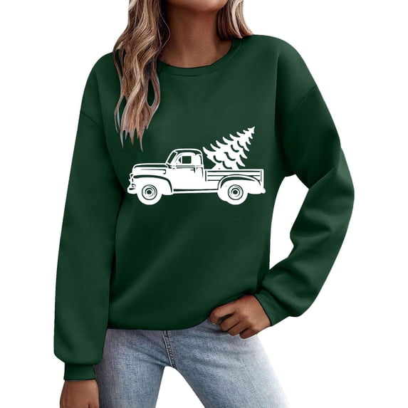 Christmas Graphic Sweatshirts for Women Xmas Car Printed Pullover Long Sleeve Crewneck Tshirts Xmas Holiday Party Winter No Hood Sweaters