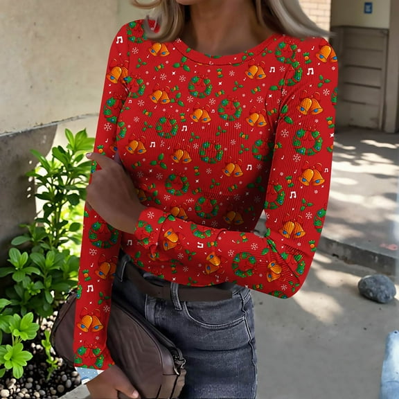Christmas Graphic T-Shirt for Women Long Sleeve - Soft Slim Fit Crewneck Top, Cute Holiday Print Casual Tee