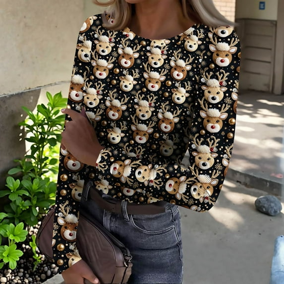 Christmas Graphic T-Shirt for Women Long Sleeve - Soft Slim Fit Crewneck Top, Cute Holiday Print Casual Tee