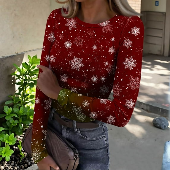 Christmas Graphic T-Shirt for Women Long Sleeve - Soft Slim Fit Crewneck Top, Cute Holiday Print Casual Tee