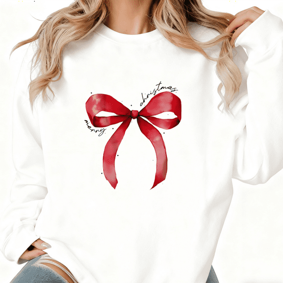 Christmas Graphic Tee T-Shirt Merry Christmas Red Bow Print Top Round-neck long-sleeved White S-3XL