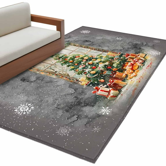 Christmas Gray Area Rug 3x5ft Xmas Tree Ball Fruits Snowflake Non-Slip ...