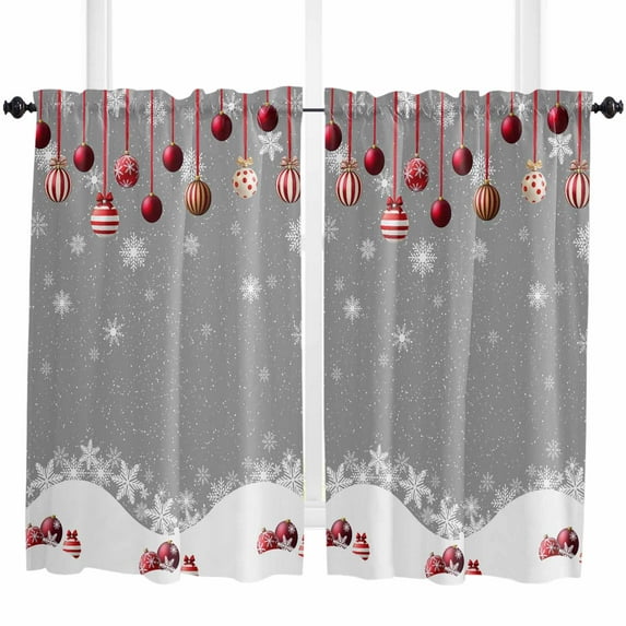 Christmas Gray Kitchen Curtain 2 Panels Curtains 45 Inch Length, Winter White Snowflake Xmas Balls Curtains Rod Pocket Curtains Window Drapes Treatment Window Cafe Curtains