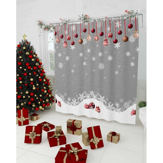 Christmas Gray Shower Curtain, Winter White Snowflake Xmas Balls Waterproof Washable Boho Funny Cute Shower Curtains Set for Bathroom Farmhouse Bathtubs Decor with Hook, 36"Wx72"L