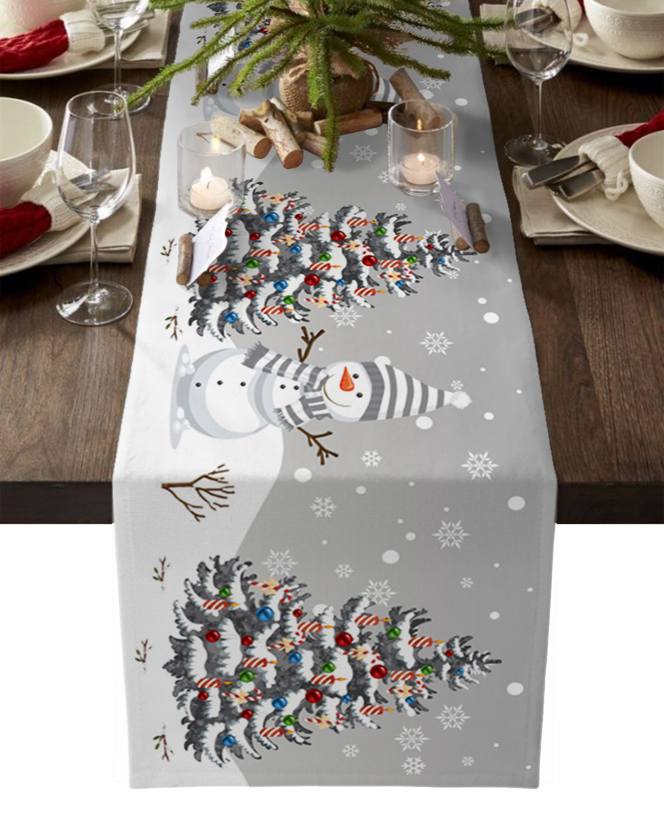 Christmas Gray Snowman Christmas Tree Table Runner Wedding Table