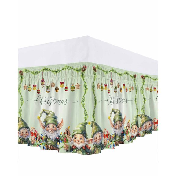 Christmas Green Bed Skirt Dwarf Elf Bed Skirts Queen Size 16 Inch Drop, Wrap Around Dust Ruffle Bedskirt with Adjustable Elastic Belt for Queen Size Beds