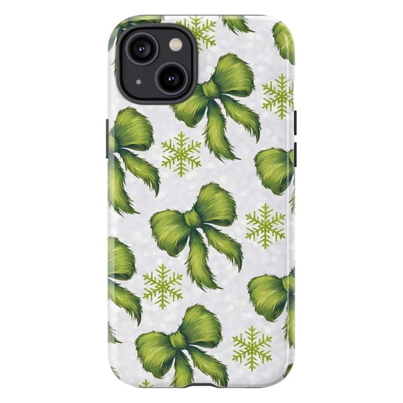 Christmas Green Bows & Snowflakes Pattern Phone Case, Holiday Wrapping Festive Cover for iPhone 17 16 15 14 13 12 11 Pro Plus Mini