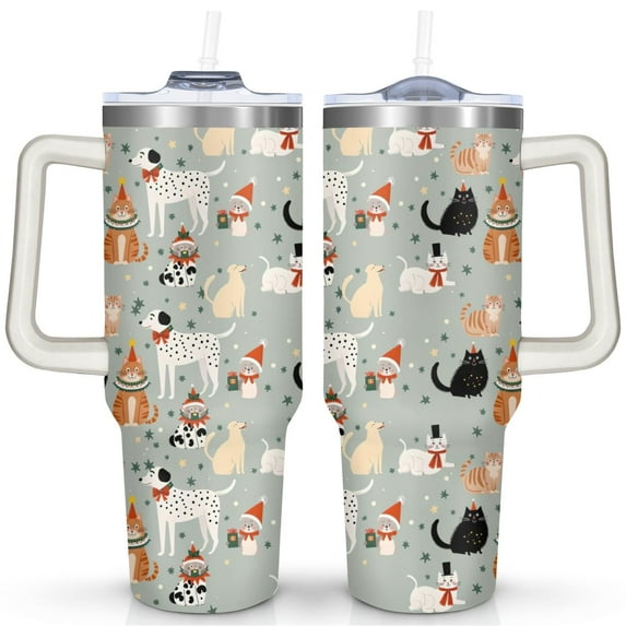 Christmas Green Cats and Dogs 40 Oz Tumbler with Handle Lid and Straw Stainless Steel Double Walled Vacuum Insulated Cup Merry Christmas Gifts Tumbler for Women Men Friends Outdoor Indoor