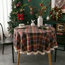Christmas Green Checkered Tablecloth Cotton Linen Blend - Machine Washable Home Kitchen Dining Table Decor(Coffee)