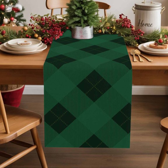 Christmas Green Cotton Linen Table Runner Plaid Dining Table Runners for Home Decor Party Dining Room Restaurant Kitchen Party 13" x 48"