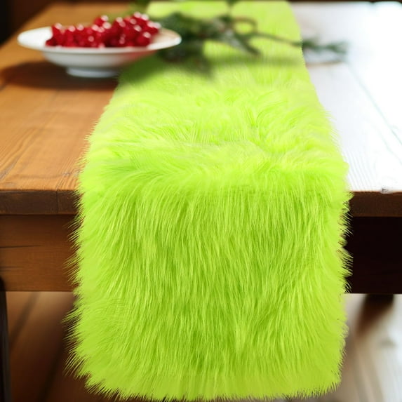 Christmas Green Faux Fur Table Runner, 15" x 71" Merry Christmas Table Runner Fluffy Shag Dresser Top Cover for Xmas Winter Holiday Party Dining Home Decoration